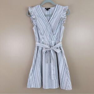 Robert Louis Linen Blend Striped Ruffle Sleeve Faux Wrap Dress Medium